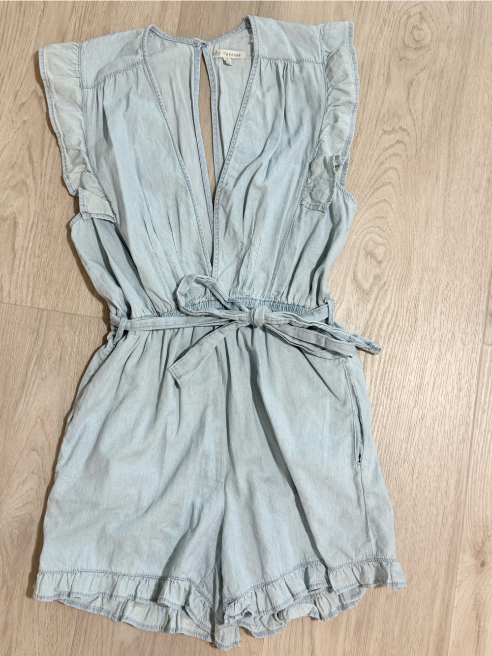 Light Blue Chambray Tie-Waist Romper by Velvet Heart